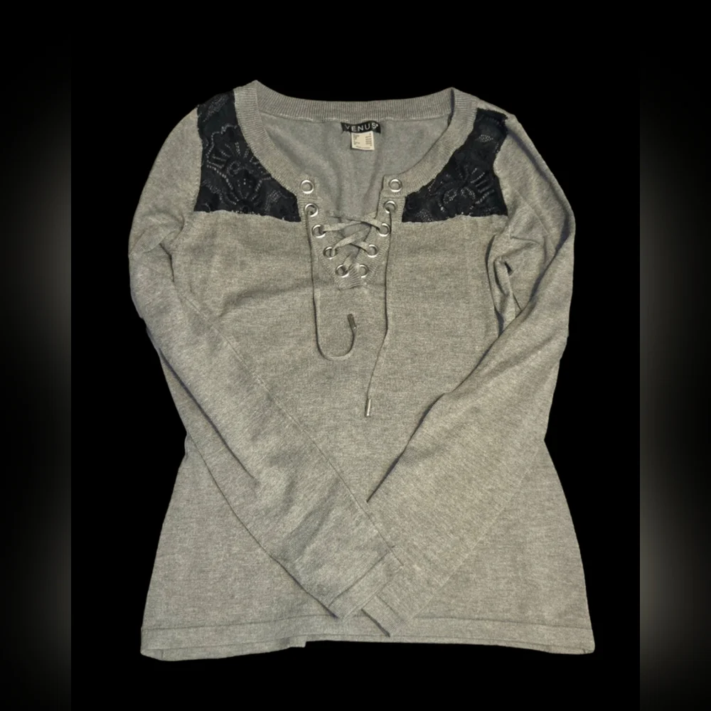 VENUS Gray Lace-Up Sweatshirt with Black Lace - Picture 1 of 3